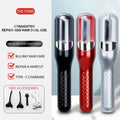 Three hair straightening devices in black, red, and silver on a white background with text detailing features.